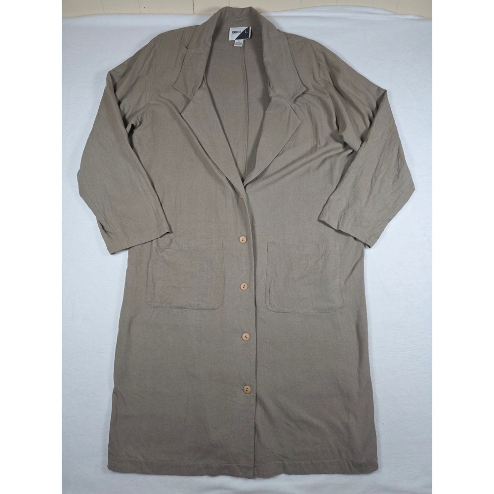 100% Silk Duster Coat Vintage 90s Longline Blazer Jacket Medium Taupe Minimalist